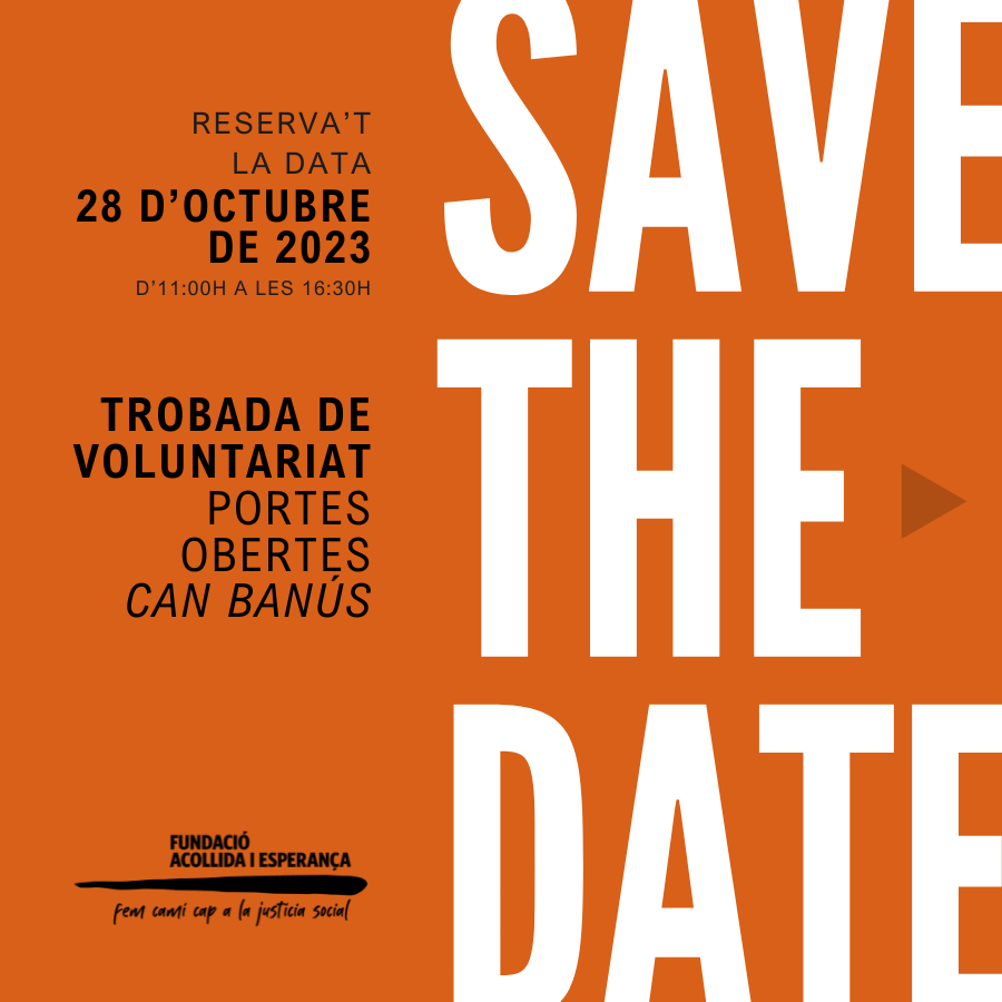 Fund_Acollida's tweet photo. 📢 Reserva't la data! 🗓️ El pròxim dissabte 28 d'octubre t'esperem a la Trobada de #Voluntariat i les portes obertes de Can Banús. No pots faltar! 🧡

#Badalona #AcollidaiEsperança https://t.co/hf43JqGZMT