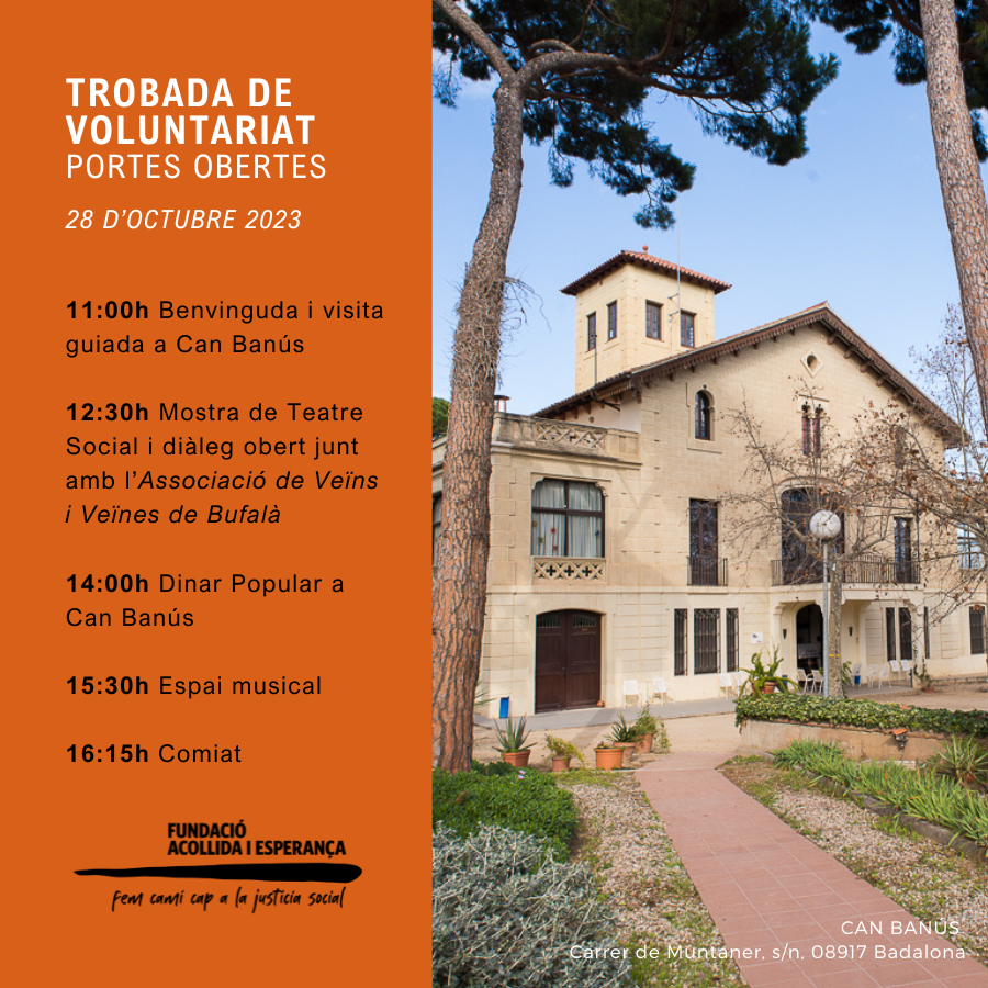 Fund_Acollida's tweet photo. 📢 Reserva't la data! 🗓️ El pròxim dissabte 28 d'octubre t'esperem a la Trobada de #Voluntariat i les portes obertes de Can Banús. No pots faltar! 🧡

#Badalona #AcollidaiEsperança https://t.co/hf43JqGZMT