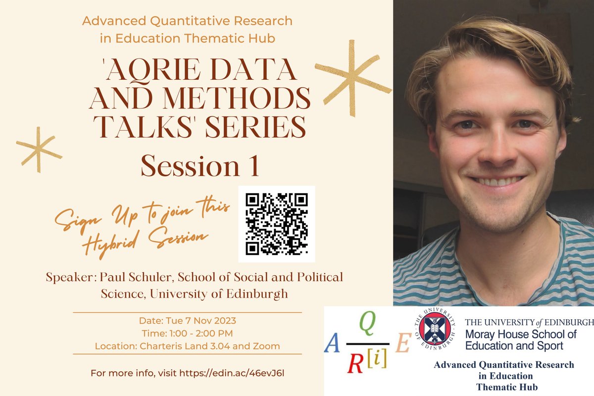 #AQRETH <a href="/PaulSchuler14/">Paul Schuler (@PaulSchuler@mastodon.scot)</a> is going to discuss the methods and data of his research on the role of personal networks and place in the provision of social support for young adults in Switzerland at our ‘AQRiE Data and Methods Talks’ Series on 7 Nov 1-2pm. edin.ac/46evJ6l
