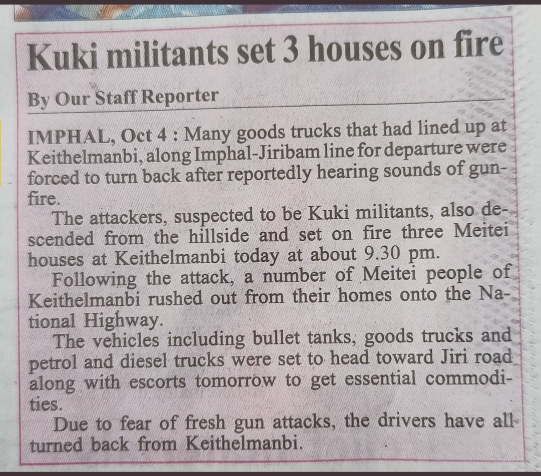 VladAdiReturns's tweet photo. #Kuki_ZoNarcoterrorist have been attacking Meitei villagers and burning their houses in the Keithelmanbi area of Manipur.  

For over 24 hours, Meiteis have been attacked using automatic weapons. At least 3 houses have been burnt till now. 

 All this is happening just after so called civilian organisations like CoTU have removed their illegal blockade of NH2 at nearby Kangpokpi pushing trucks laden with essential supplies into grave danger.  

Terr0rists and their sympathisers should be brought to justice. There should be army action against anti-nationals not negotiations.  

A humble request to all Bharatiyas a second Kashmir is happening in front of your eyes do not let it happen.  

@AbhijitChavda @Iyervval @RituRathaur @DivyaSoti @igopalgoswami @mishiHHM @ajaychauhan41 

#SupremeCourt #ManishSisodhia #WorldCup #ENGvsNZ #LeoTrailerDay #LikhkeDuKya #ahmedabad