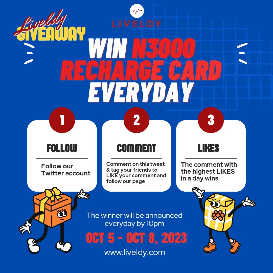 liveldy's tweet photo. It's Giveaway time!🕺🎉

In celebration of customer service week, we are giving out N3000 worth of recharge voucher everyday to our lucky customers.

Read the instructions to enter the give away. Let's see who goes home with today's N3000.

#PiNetwork #worldpressconference https://t.co/cgBQCQeKQQ