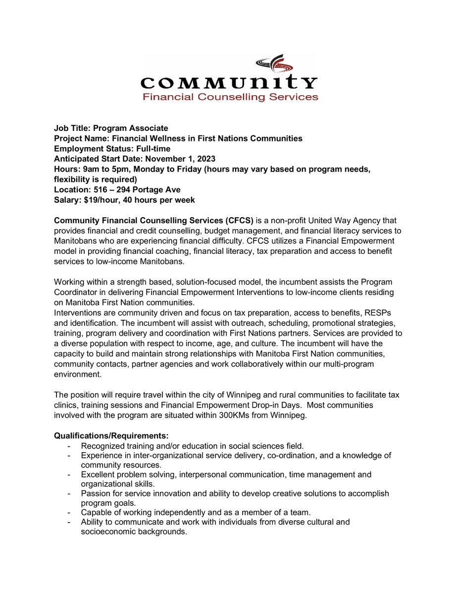 Cfcsmb's tweet photo. CFCS is hiring for a Program Associate, Financial Wellness in First Nations Communities program.  The deadline to apply is October 27th.  please apply on Indeed.
https://t.co/gHjcyeVlp7 https://t.co/eFWy9ffL04