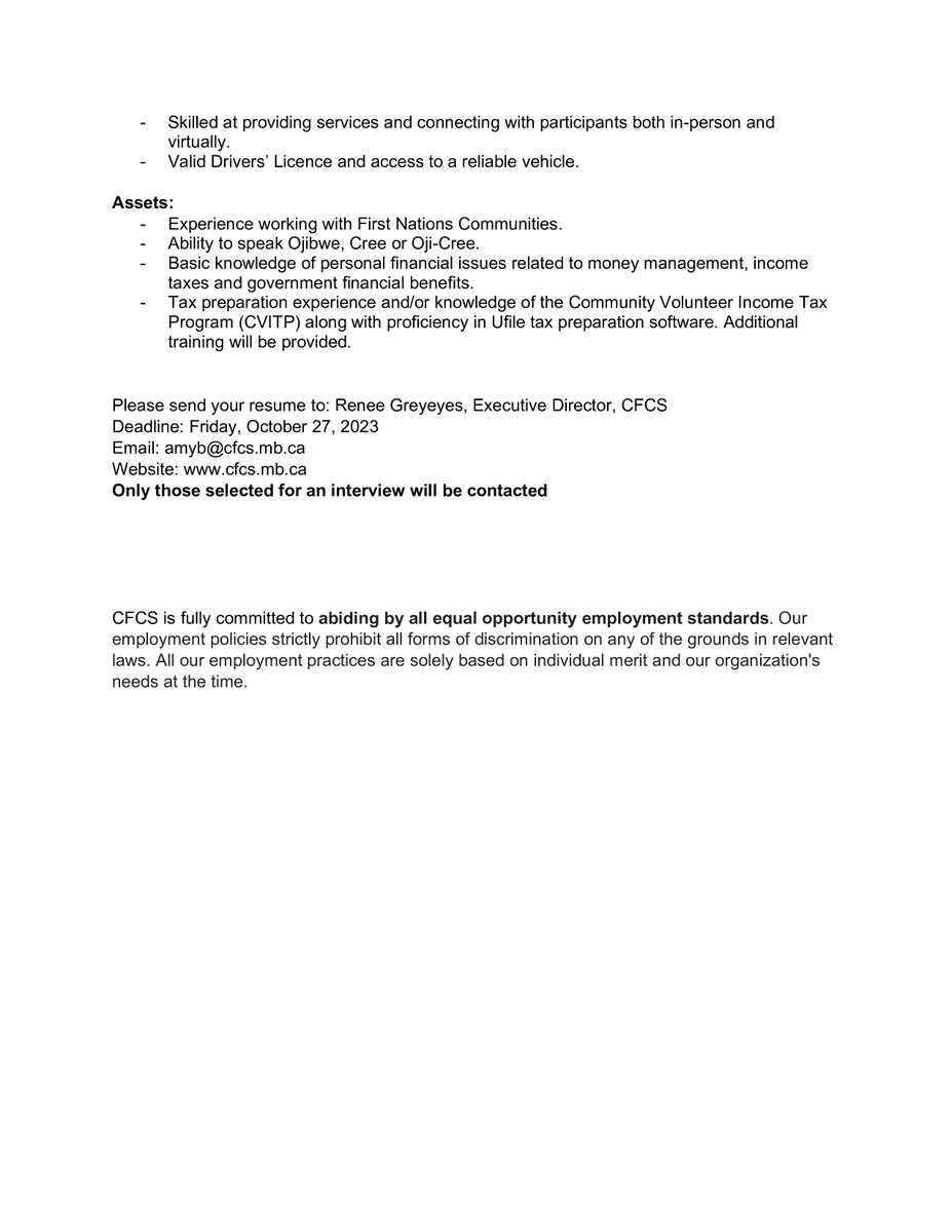 CFCS is hiring for a Program Associate, Financial Wellness in First Nations Communities program.  The deadline to apply is October 27th.  please apply on Indeed.
ca.indeed.com/job/program-as…