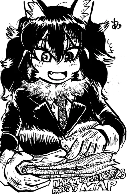 #inktober2023 #inktober #けものフレンズ DAY5 MAP 旅をするタイリク先生(簡易版)自分がいる場所を完全に見失ってしまったことに気づいてしまったタイリク先生を描きました