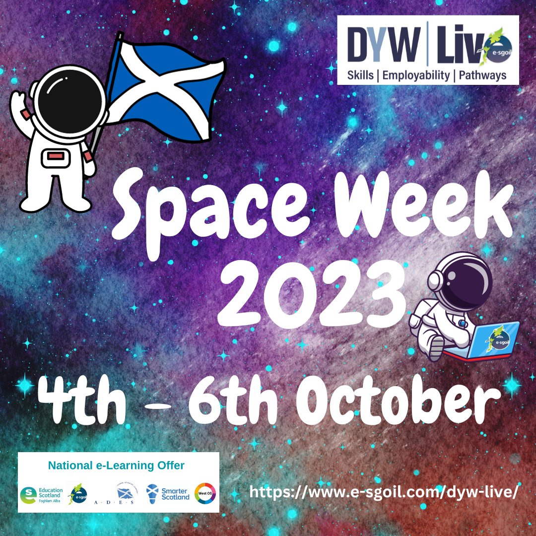 Do you live in Western Scotland? Are you interested in a career in space? 🚀 

As part of #WSW2023, <a href="/DYWLive/">DYWLive</a> are hosting seminars with <a href="/SaxaVord_Space/">SaxaVord Spaceport UK</a> and <a href="/Skyrora_Ltd/">Skyrora</a> to talk about how they set up their businesses in Scotland. 🏴󠁧󠁢󠁳󠁣󠁴󠁿

Register now 👉 e-sgoil.com/dyw-live/dyw-l…