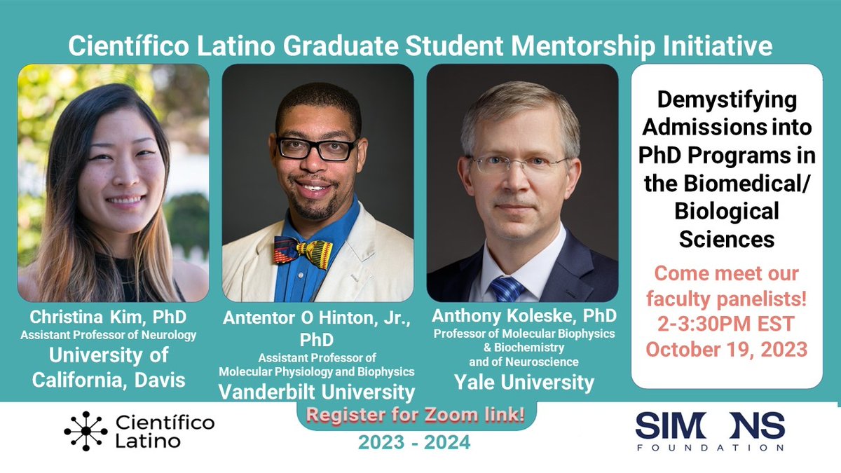 Our webinar "Demystifying Admissions into Biological/Biomedical PhD programs" will be on10/19 @ 2pm ET
⁠
Learn about the factors admissions committees consider in your Biological/Biomedical Sciences PhD! ⁠

Register here ➡️ cientificolatino.com/eventbrite