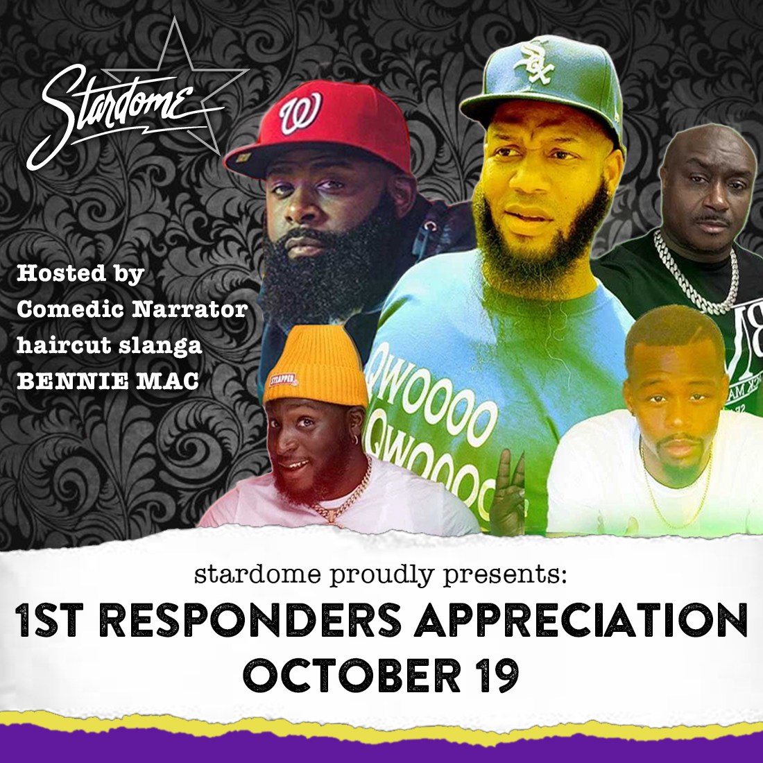 .@benniemac205 returns to the StarDome with his 1st Responders Appreciation show! This time, he's bringing along Floss The Mack, Larry Starks, Lester Milligan, Dreka Daeyelashdiva and Coach Wesley for a night of comedy you don't want to miss. Tix &amp; info--&gt; bit.ly/StarDome_1stRe…