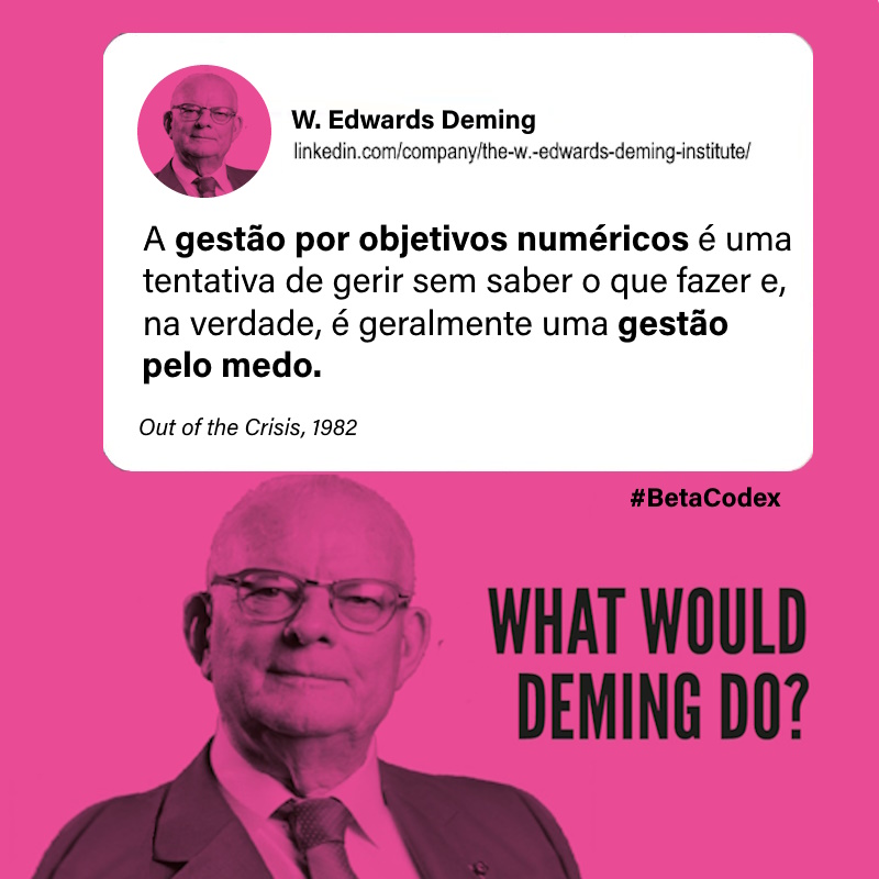 GESTÃO PELO MEDO
“A gestão por objetivos numéricos é uma tentativa de gerir sem saber o que fazer e, na verdade, é geralmente uma gestão pelo medo.”
Out of the Crisis, 1982
[Niels Pflaeging (organizador), "What Would Deming Do?", p.149]
#BetaCodex #Desempenho #EdwardsDeming