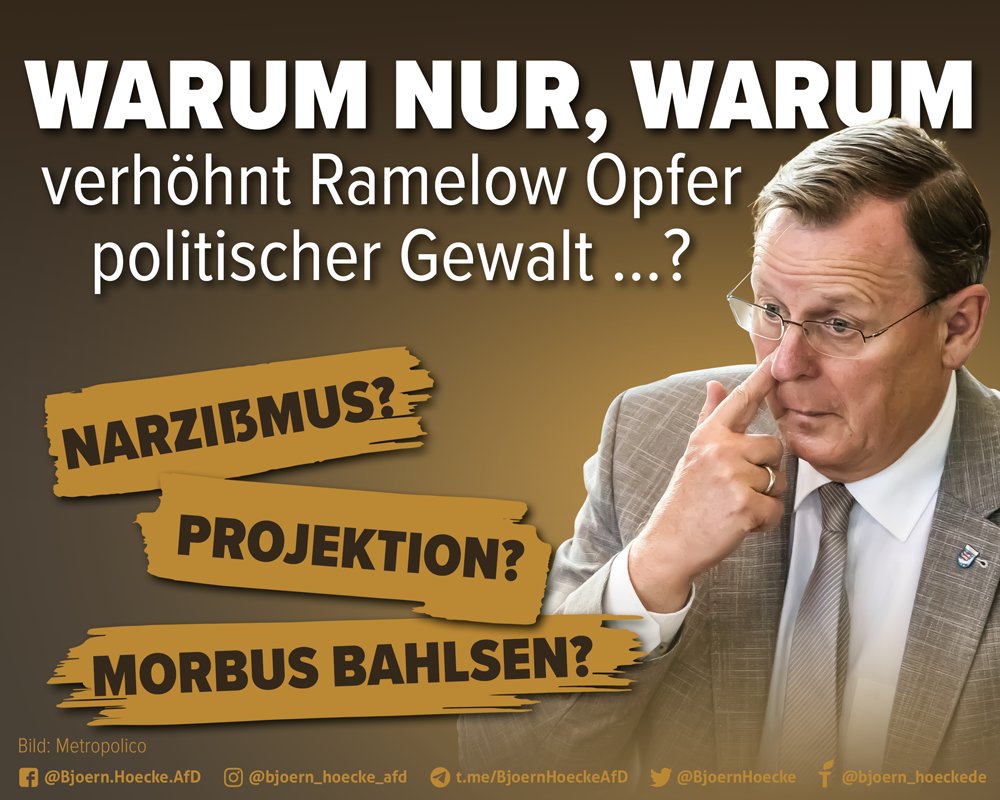 Ich habe #Ramelow in einer Plenarrede direkt angesprochen und ihm gesagt, er sei mein Gegner, nicht mein Feind. Umgedreht hat er mich zum Teufel erklärt und verhöhnt nun die angegriffenen Wahlkämpfer der AfD. Er ist der geistige Brandstifter, der Gewalt sät. #chrupalla