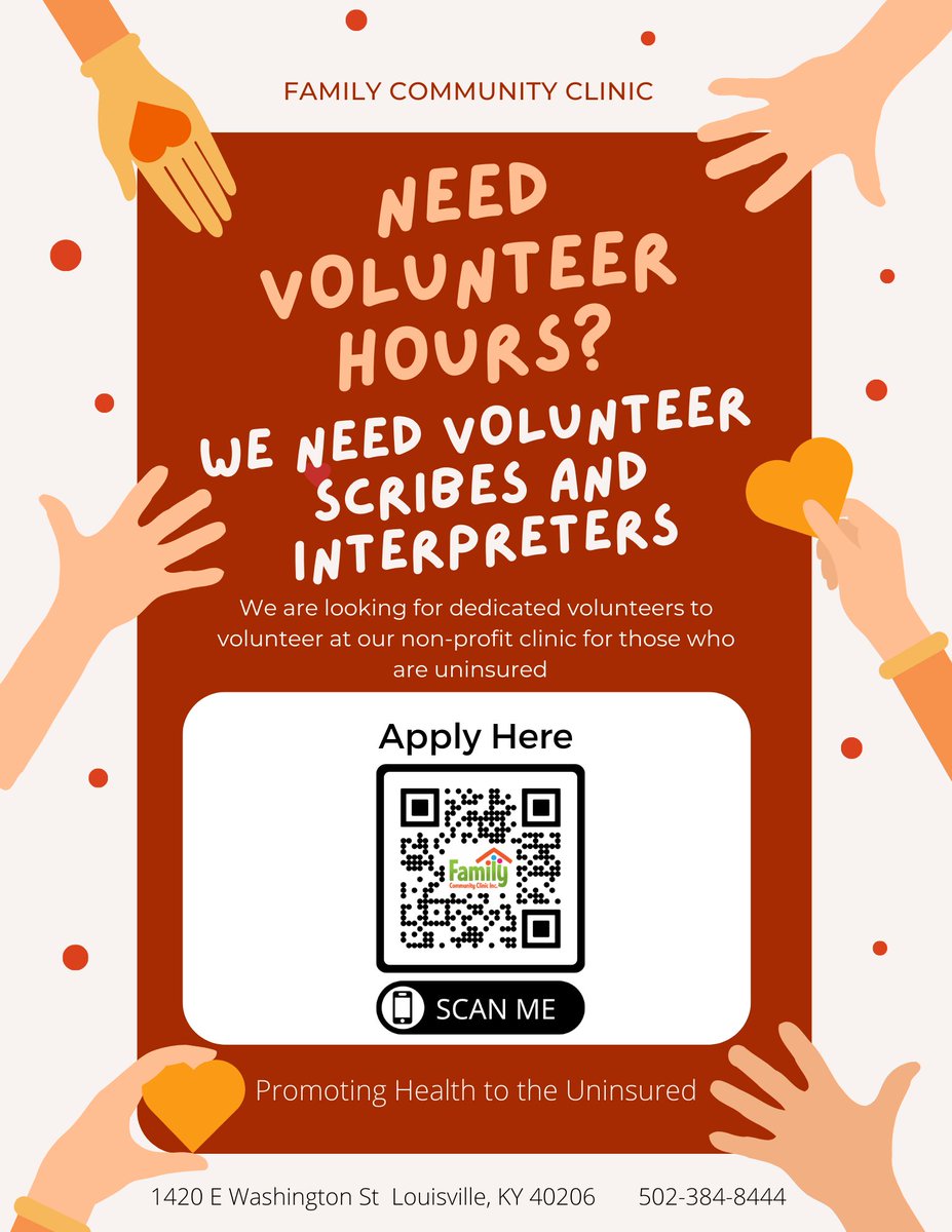Calling All Volunteers: FCC is seeking Nurse, Spanish Interpreter, &amp; Scribe Volunteers*

Shifts:
Mon 1PM-5PM, 4PM-6PM
Tue-Thurs 9AM-1PM, 1PM-5PM
Fri 9AM-1PM

*Volunteer, not paid.
We will train scribes, but need volunteers. We also work w/ retired nurses.
famcomclinic.org/volunteers/