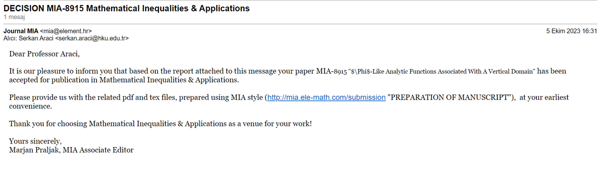 araci_serkan's tweet photo. 📢 Exciting News! 📚 Our paper titled "$\Phi$-Like Analytic Functions Associated With A Vertical Domain" has been accepted for publication in Mathematical Inequalities &amp; Applications (SCIE, Q2). 🎉 https://t.co/RPMykEQ0ZJ