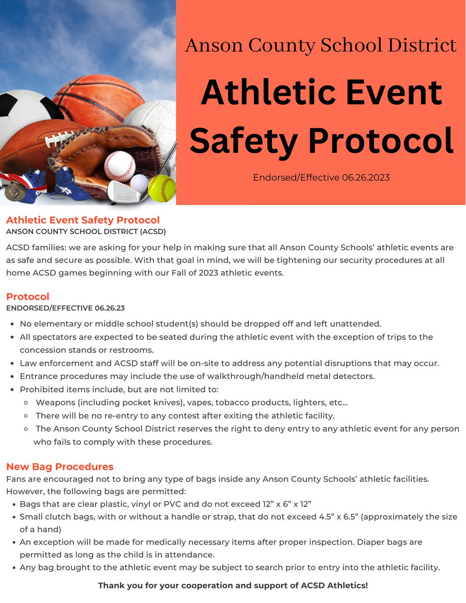 PHSATHLETICS5's tweet photo. Please adhere to the guidelines below if traveling to events at Anson High School
@AGHoulihan @UCPSNC @UCPSNCAthletics @PiedmontHSNC @piedmontHighBC @PiedmontHighATC @DylanStamey_PHS @PHSFootball2023 https://t.co/w05uiXiFRU