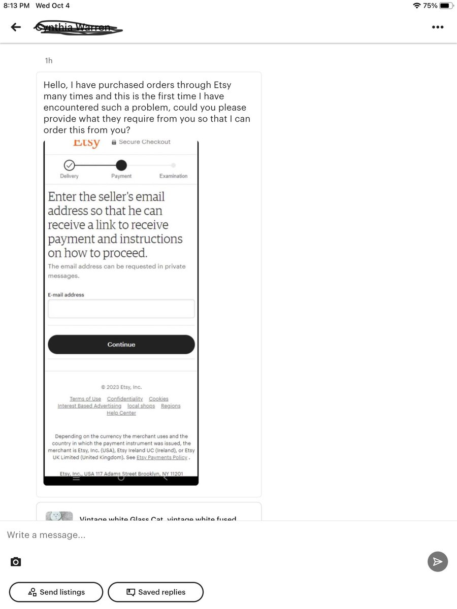 GothicGlass's tweet photo. Public Service Announcement SCAM warning. If you receive a message on Etsy like this or similar, do not respond. Report to Etsy and mark as spam. #etsyscam #etsyscammer #psa #warning #scamalert #etsywarning #etsysellersofinstagram #etsysellers #etsyshops https://t.co/OE1fa6zFm9