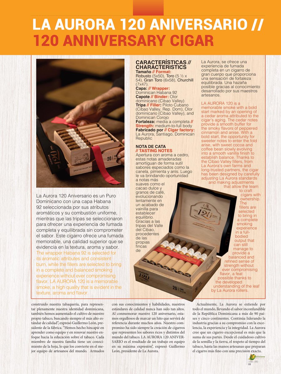 Cigardom's tweet photo. CIGARRO DOMINICANO celebra los 120 años de La Aurora con un reportaje especial en su edición impresa, que puedes leer entrando en la bio.
¡MUCHÍSIMAS FELICIDADES POR ESTE HITO! https://t.co/nJ5RQAF1Sx