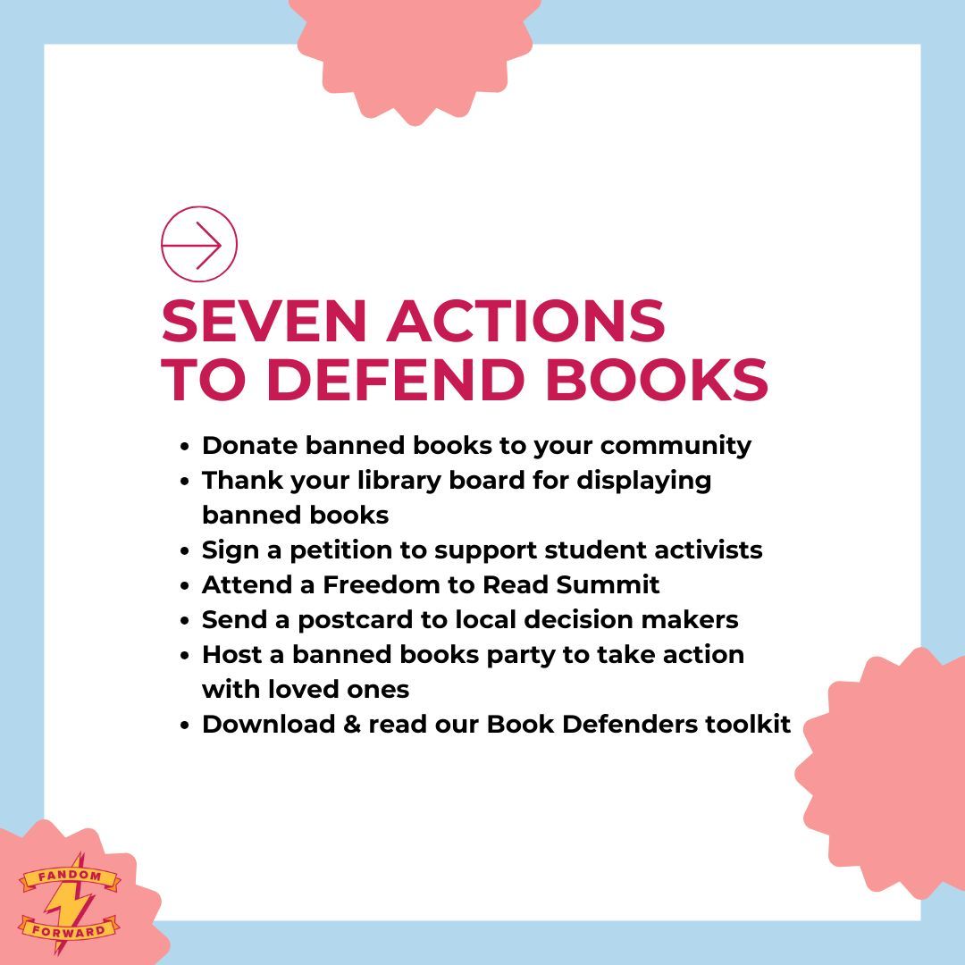 FandomForward's tweet photo. This #BannedBooksWeek, take a moment to review some of the good news about book bans being lifted or fought against. #DefendBooks #Censorship https://t.co/b3F2k8LKW9 After you take action, don’t forget to submit your points for a chance to win a #BookDefenders award! Link in bio https://t.co/m2MRn9eyP1