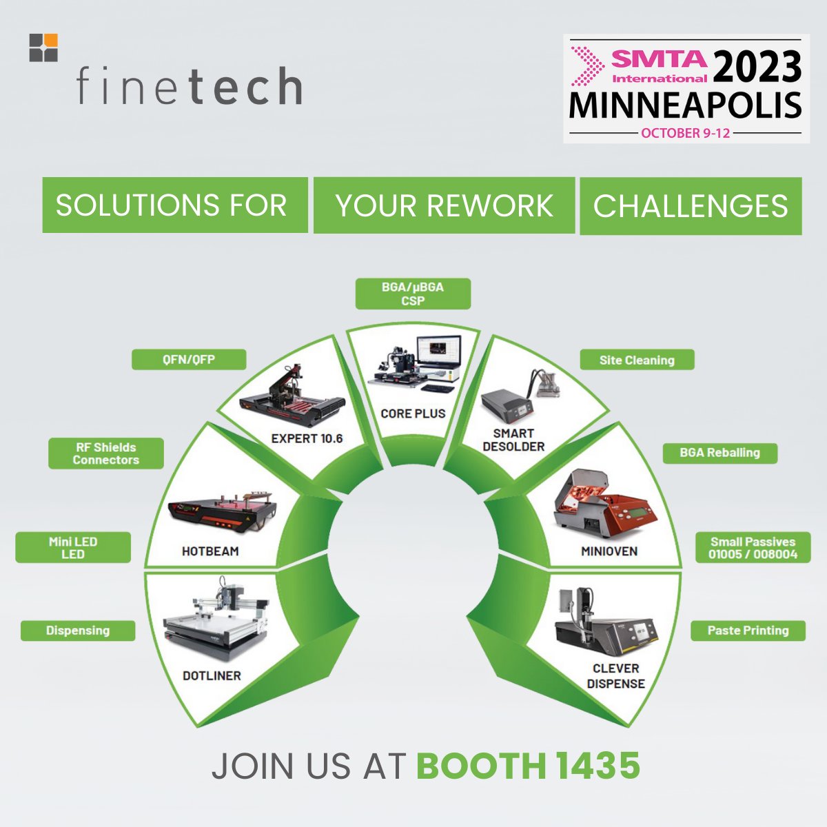 FINEPLACER's tweet photo. Let's meet at #SMTAi2023 in  Minneapolis October 10-11! 

Stop by booth 1435 to find out why Finetech has the best solution for your advanced SMT rework needs.  

On display:  FINEPLACER® core plus, SMART DESOLDER, MINIOVEN 05, HOTBEAM 05.

#SMT #SMDRework #Finetech https://t.co/OIAo8qKmIQ