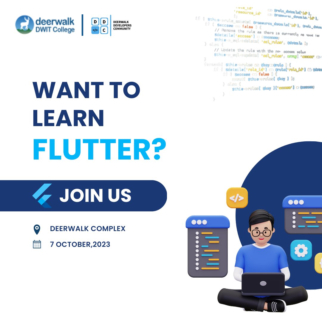 DeerwalkC's tweet photo. The Deerwalk Developers Community, are excited to announce an upcoming Flutter workshop.
The workshop will be delivered by a seasoned professional, Mr. Aashutosh Poudel. We look forward to seeing you at the Flutter workshop on Saturday.Get ready to dive into the world of Flutter. https://t.co/HSa8Il7rt8