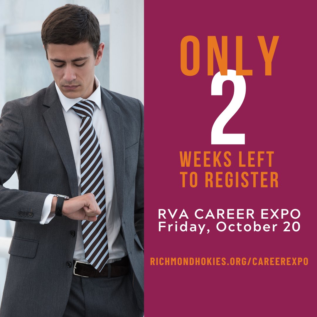 There are only 2 weeks left to register for the #RVACareerExpo happening on Fri Oct 20th. Don't miss this FREE career #networking event with #recruiters who want to meet YOU! Register today &amp; upload your resume and open roles.  ow.ly/r9PC50PTe9Y #newcareer #jobs