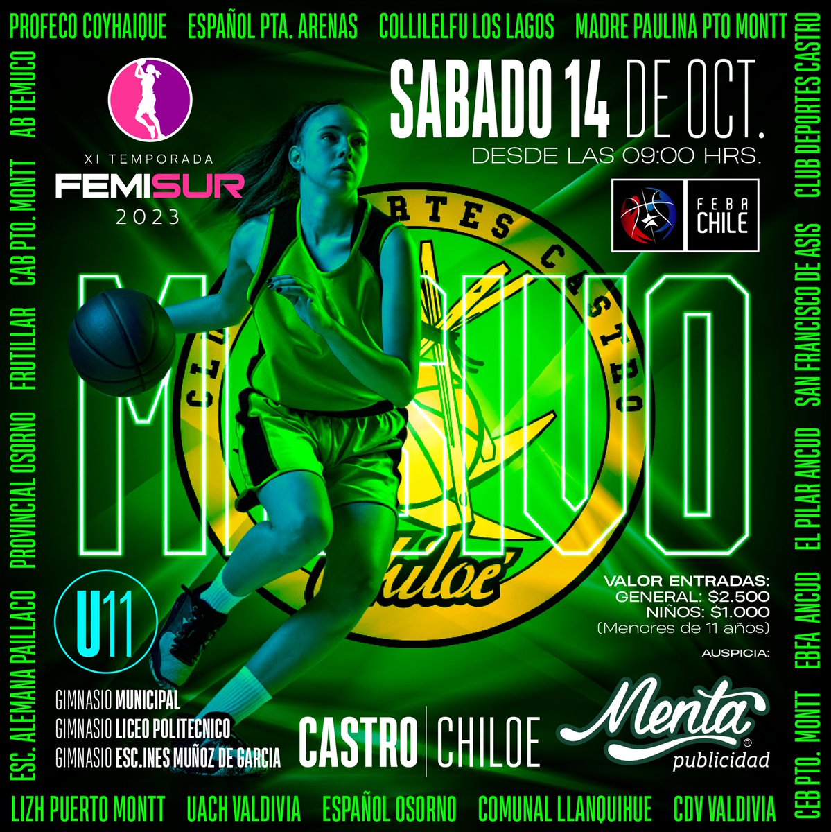 Todos invitados a vivir esta gran fiesta del basquetbol femenino aqui en la hermosa ciudad de Castro. Este Sábado 14 de Octubre los esperamos a participar de este GRAN MASIVO U11 de la <a href="/femisur/">Femisur</a> 

Organiza: @clubdeportescastro 
Auspicia: @mentapublicidad 

#Castro #Chiloe #Chile