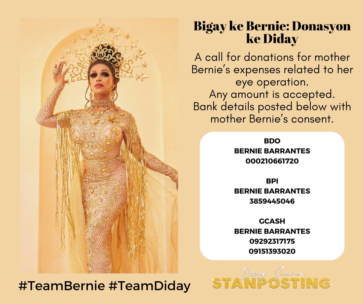 DragScenePH's tweet photo. Bigay ke Bernie: Donasyon ke Diday

A call for donations for mother Bernie's expenses related to her eye operation. Any amount is accepted. Bank details posted below with mother @berniediday consent. https://t.co/7UMINID7nF