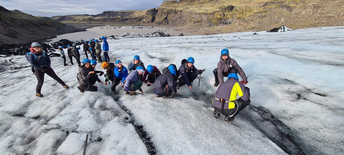 RushcliffeGeog's tweet photo. After waking up to heavy rain this morning,  the sun made a welcome appearance on our glacier walk at Solheimjokull, where we walked up the glacier, drank pure glacial water and hacked away at the ice with ice axes! https://t.co/7r2zY6fEtm