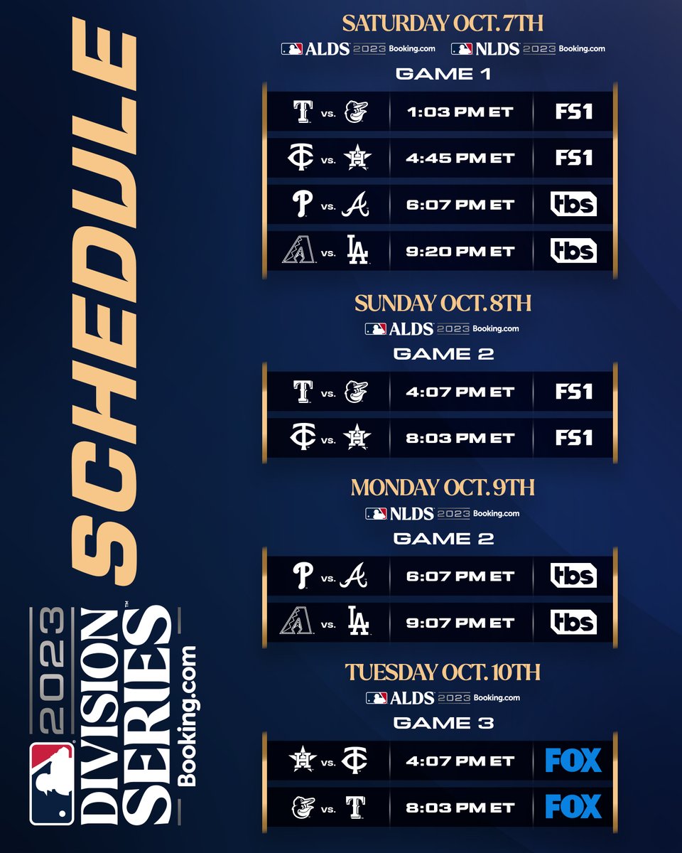 MLB's tweet photo. Clear your schedule!

The #ALDS &amp; #NLDS game times are here! #Postseason https://t.co/Jzd2cygxnL