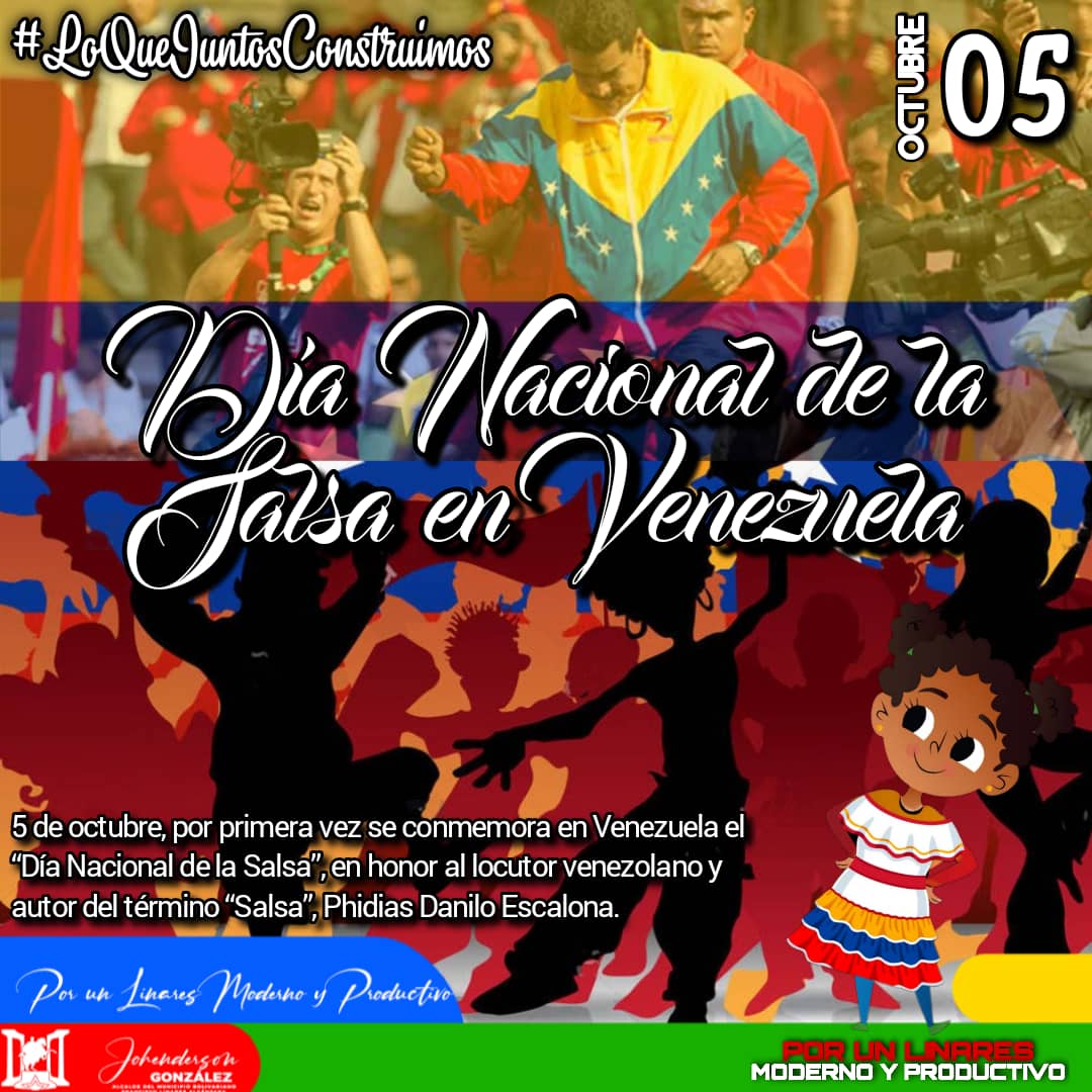 #Efemérides📆 | En Venezuela el #05Oct se celebra el Día Nacional de la Salsa; en honor al locutor venezolano Phidias Danilo Escalona, quien dirigió, produjo y condujo varios programas de radio, escenario en el que acompañó por muchos años al público salsero.
#DefendamosLoNuestro