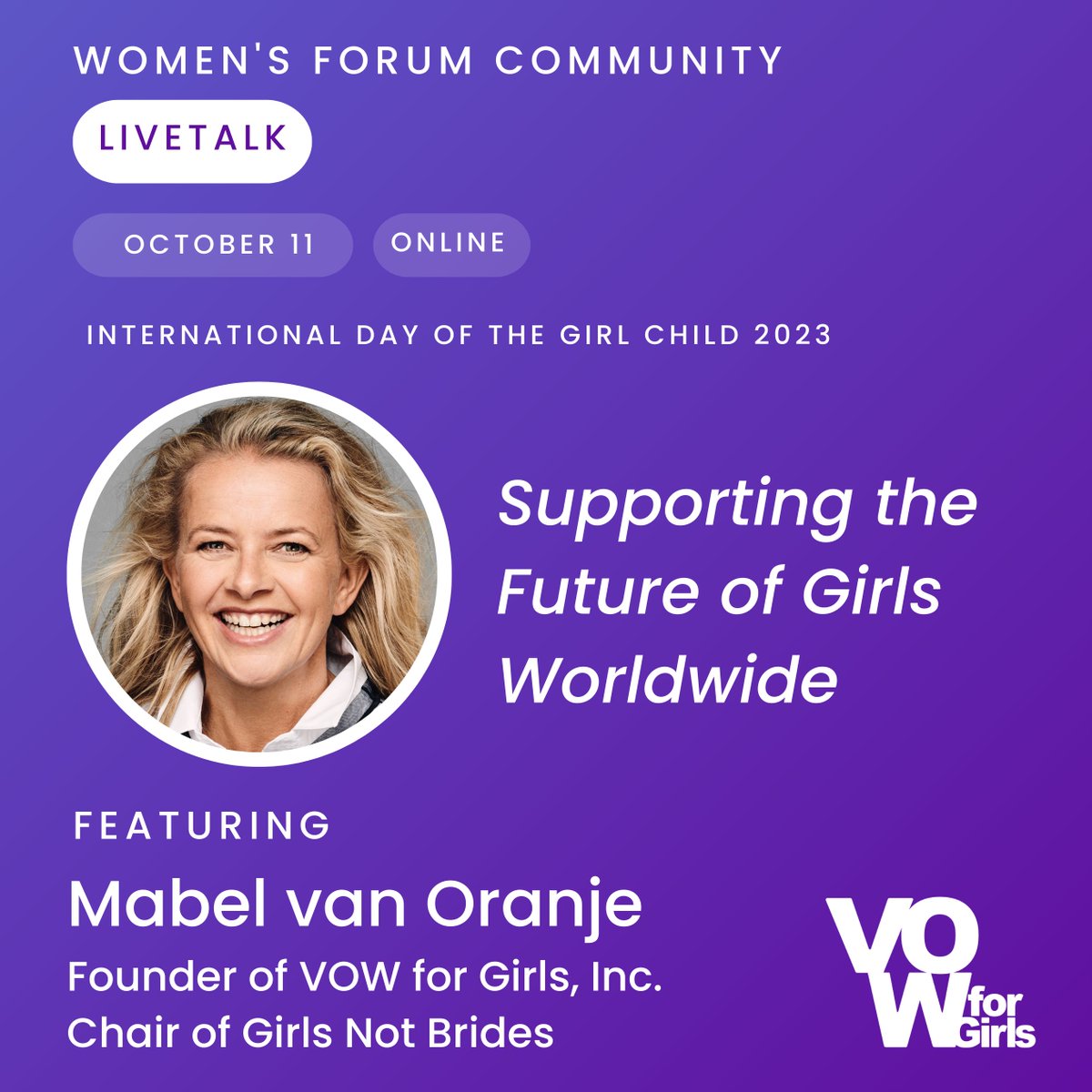 Exciting news! Join us for our first-ever Online LiveTalk on Oct 11, 2023, at 12:15 PM (CEST) featuring @MabelvanOranje, Founder of @vowforgirls & Chair of @GirlsNotBrides. Don't miss it! Join our Community for free access: bitly.ws/WyyR