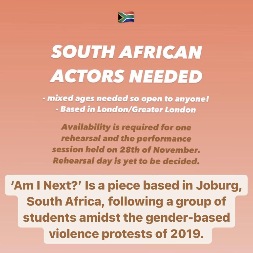 rampagetheatre's tweet photo. 🌟CASTING CALL-OUT🌟

Hello! We’re looking for South African actors based in London for an R&amp;D Read-Through in November! 

If you would like to apply please send your spotlight/CV to rampagetheatre@gmail.com label subject ‘Am I Next? Application’ 
RT and help us spread the word! https://t.co/u01pENOviP