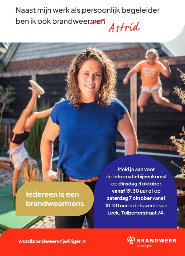 Brandweervrijwilliger, iets voor jou? Meld je aan voor de informatiebijeenkomst op zaterdag 7 oktober vanaf 10.00 uur in de kazerne van Leek, Tolberterstraat 74. Meer informatie: wordbrandweervrijwilliger.nl