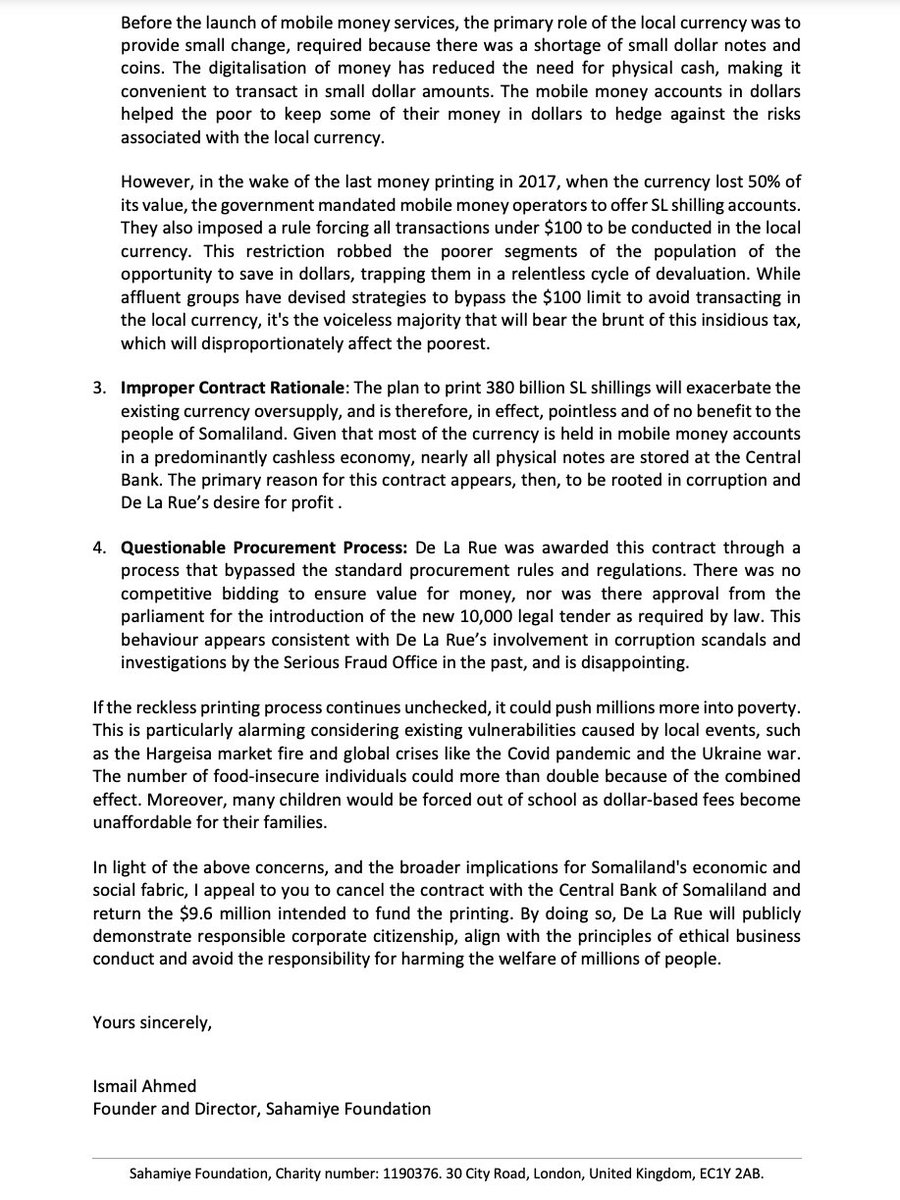 SahamiyeFdn's tweet photo. 📢Today we published our open letter to @DeLaRuePlc CEO regarding their contract with Bank of Somaliland to print 380 billion SL shillings.

The contract raises serious economic, ethical, and legal concerns, risking putting millions in deeper poverty. Read our letter for details. https://t.co/ZjP8cUkGpz