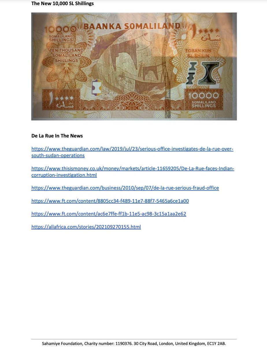 SahamiyeFdn's tweet photo. 📢Today we published our open letter to @DeLaRuePlc CEO regarding their contract with Bank of Somaliland to print 380 billion SL shillings.

The contract raises serious economic, ethical, and legal concerns, risking putting millions in deeper poverty. Read our letter for details. https://t.co/ZjP8cUkGpz