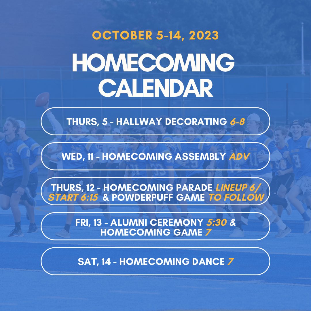 aldenhighschool's tweet photo. Homecoming week begins today! Refer to this schedule to stay up to date on all the coming events! 💙💛 #homecoming #hoco #hocoschedule #homecomingdance #homecominggame #powderpuffgame https://t.co/LJgFORT2MX