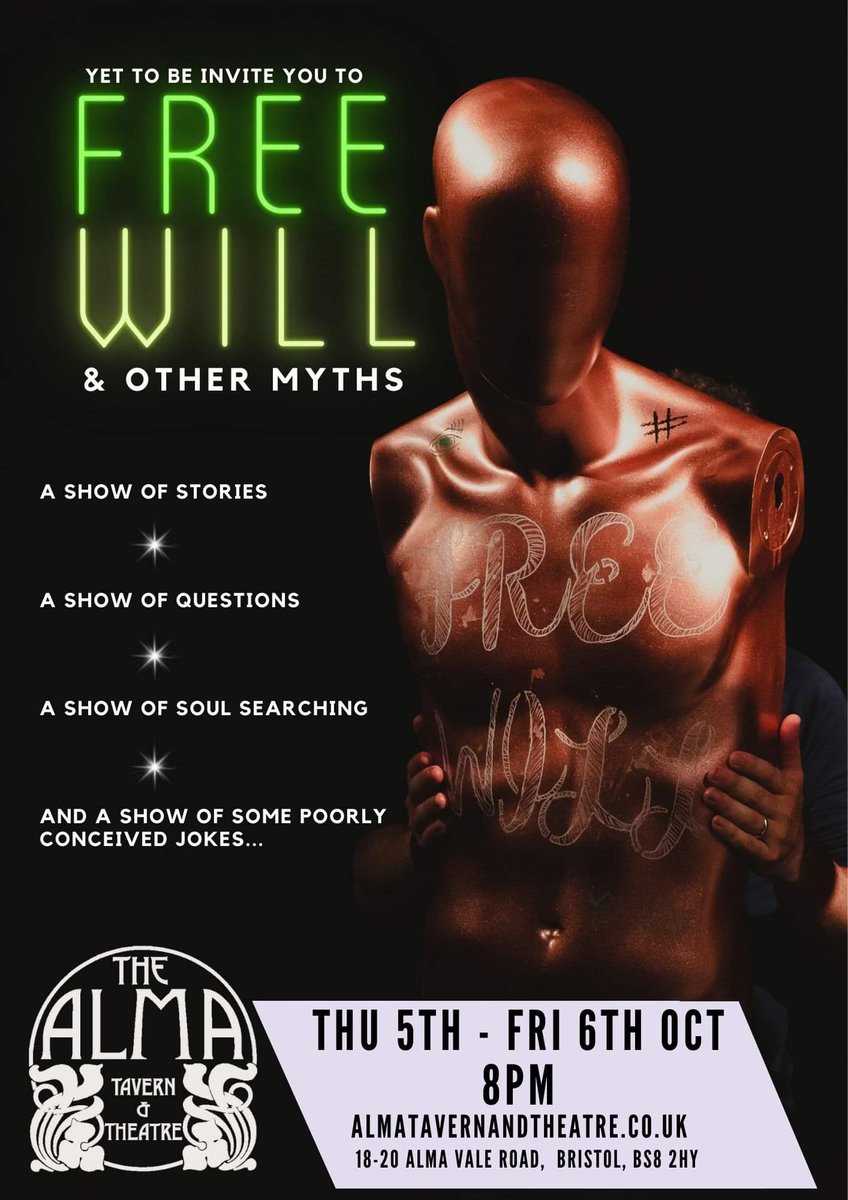 YetToBeUK's tweet image. ⭐️TONIGHT &amp;amp; TOMORROW⭐️ Free Will &amp;amp; Other Myths debuts in Bristol, our new show in development! Featuring mannequins, questions and some poorly conceived jokes...what more could you want?! Join us at the brilliant @AlmaBristol 8pm!

See you then 🙌🏼