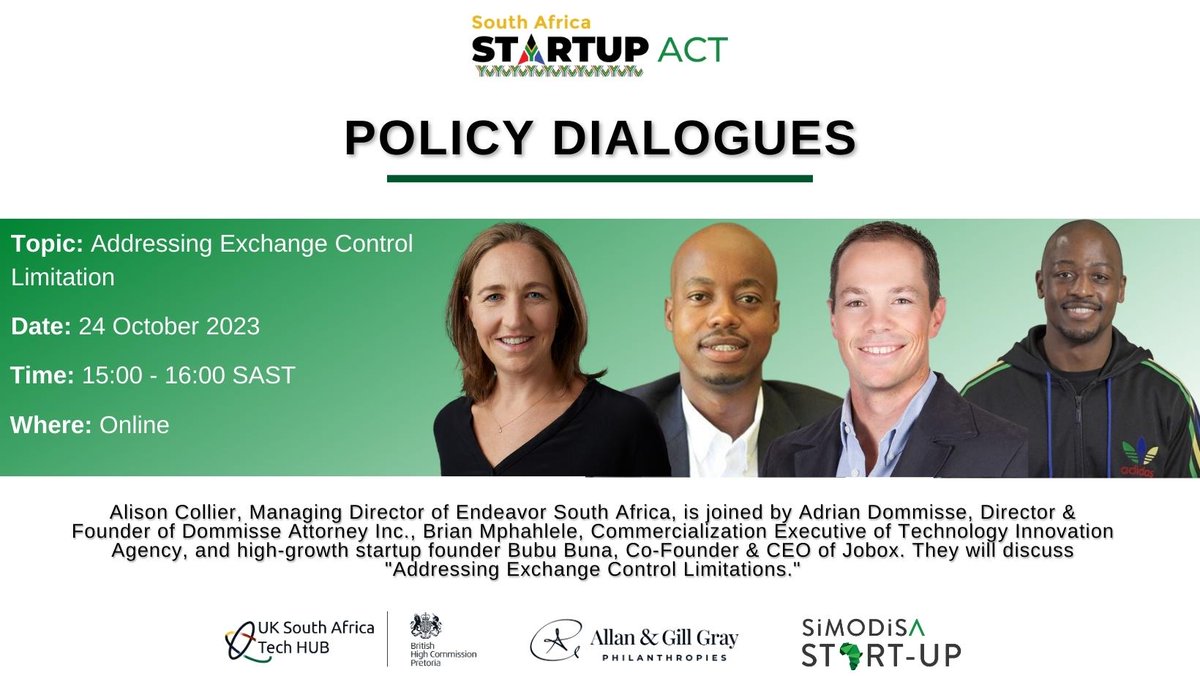 Don't miss this upcoming online event on October 24, 2023, from 15:00 to 16:00 SAST Discover how the @SA_startupact Movement tackling exchange control challenges for South African startups Register Now: forms.gle/V8hUJCdSmuya5R…