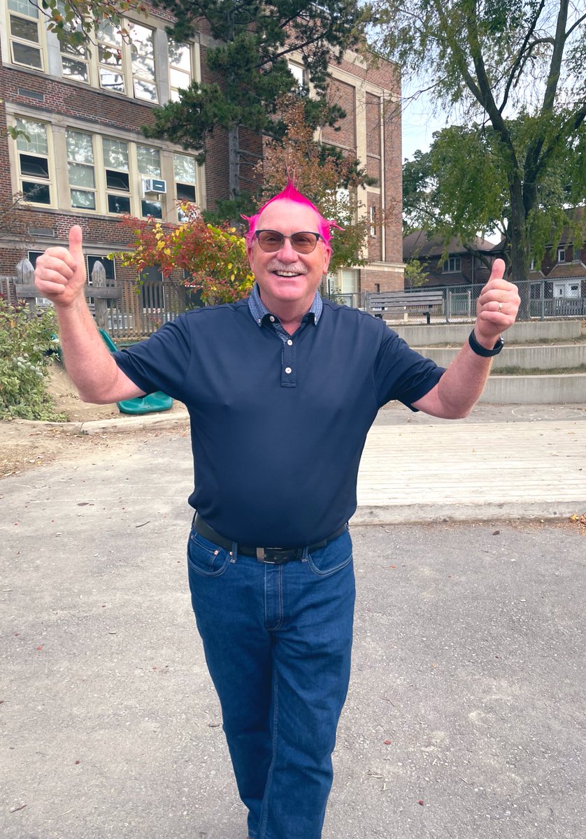 MrsShonasClass's tweet photo. We may just have the best principal in town!  @oriolepark surpassed their fundraising goal for the @TerryFoxCanada, so Mr. Quimby kept his promise to dye his hair! The students chose the colour! This is what team spirit is all about! @tdsb https://t.co/VJWslChngR