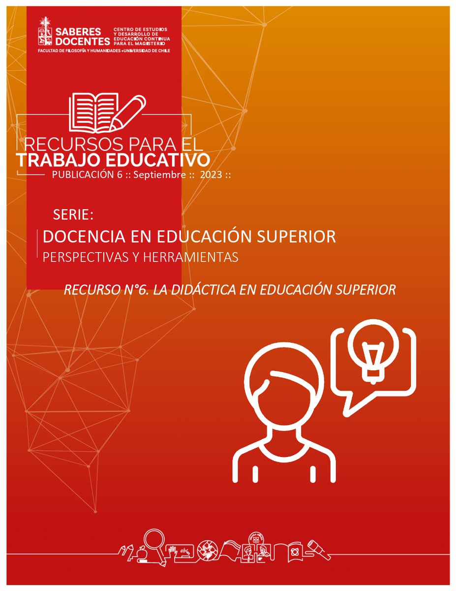 📣 ¡¡Atención docentes!! Tenemos nuevo Recurso para el Trabajo Educativo enfocado en "La didáctica en educación superior".

👉🏻 Puedes descargar este y otros recursos en saberesdocentes.uchile.cl/compartiendo-s…

#CompartiendoSaberes #EducacionSuperior #Docentes #EducacionContinua