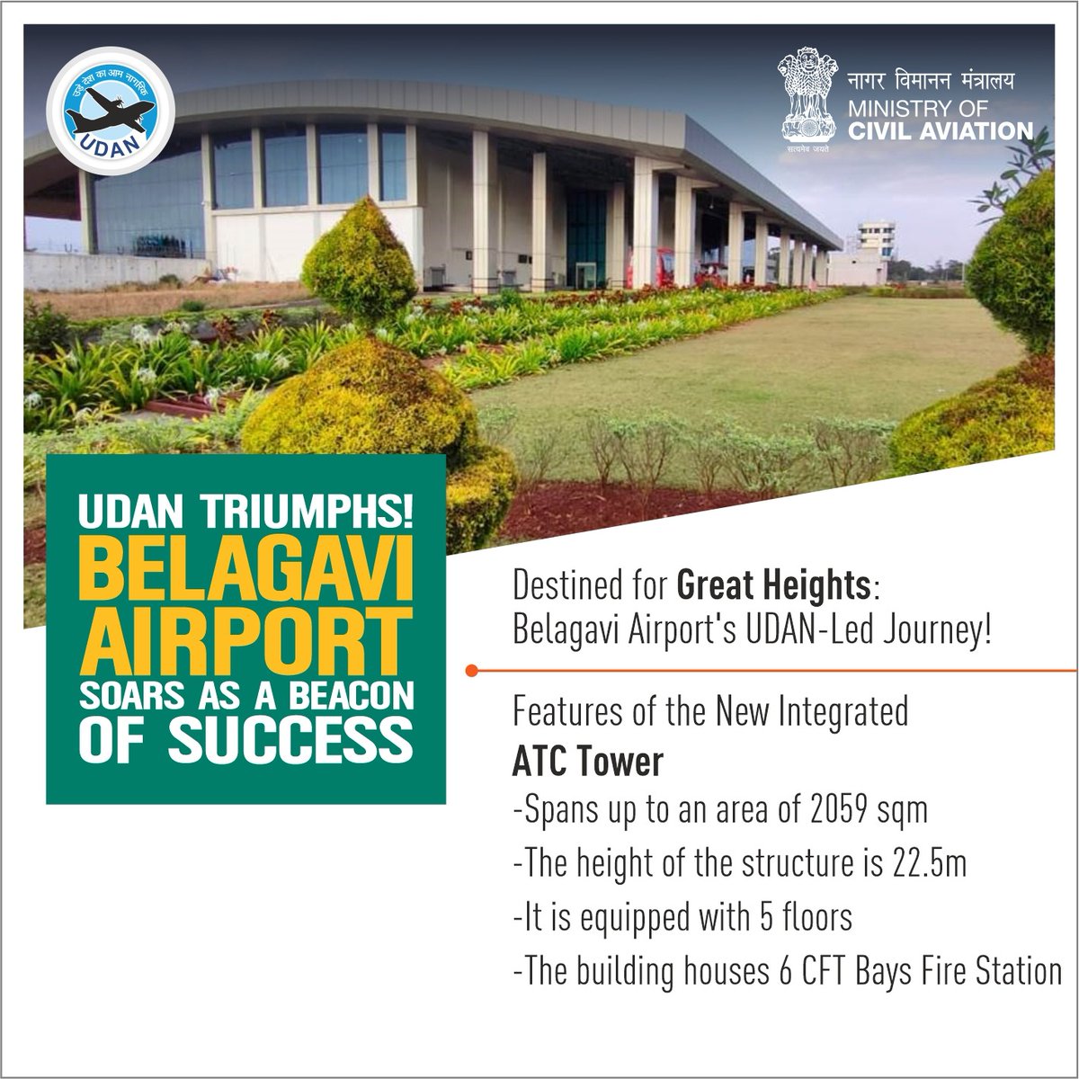 Reaching the last mile with #BelagaviAirport as it aims high with its cutting-edge Integrated ATC Tower. Spanning 2059 sqm, reaching 22.5 meters, and hosting 5 floors plus a 6 CFT Bays Fire Station, it's a testament to aviation progress. #UDAN