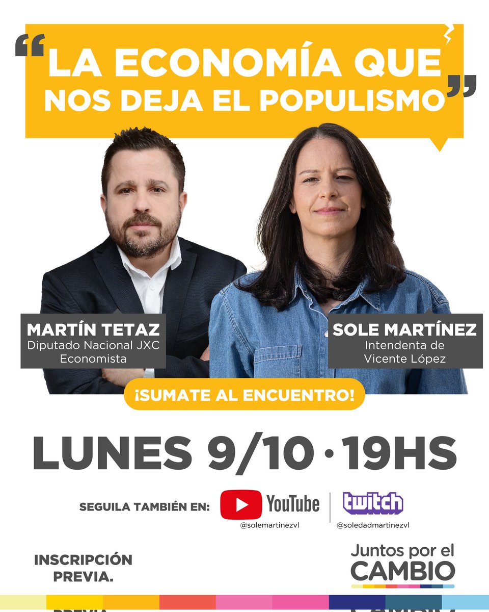 Este lunes 9 de octubre a las 19 hs te invitamos a participar de un nuevo encuentro de nuestro ciclo de charlas en el que <a href="/soledadmartinez/">Sole Martinez</a> conversará con <a href="/martintetaz/">Martin Tetaz</a> sobre "La economía que nos deja el populismo."

Inscribite acá 👉🏻 bit.ly/3ZHqolD
¡Te esperamos!