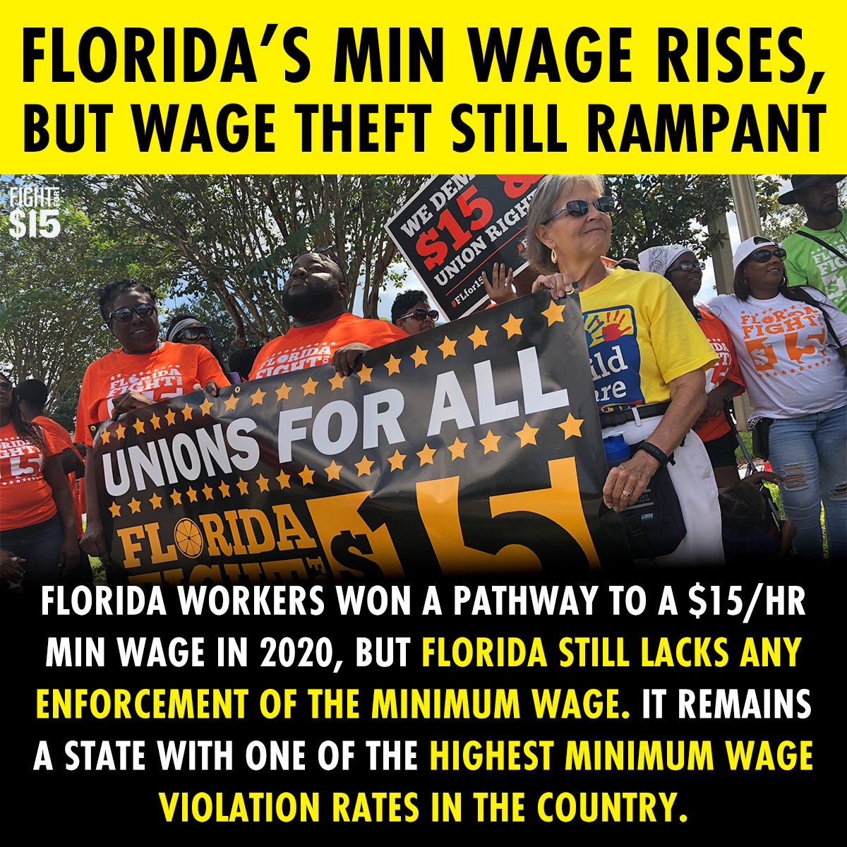 Back in 2020, we won a pathway to $15/hr in Florida. While the wage keeps rising there, the Florida state government has turned a blind eye to enforcing that wage! This is why we need elected officials to join us in demanding an end to wage theft! bit.ly/3ruhcEN