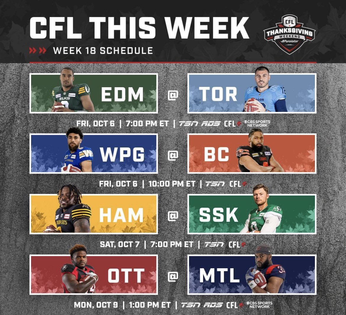 Canadian Football Week 18. Who’s your pick for this weekend!
#cfl #canadianfootball #argos #edmontonelks #bclions #alouettes #sports
