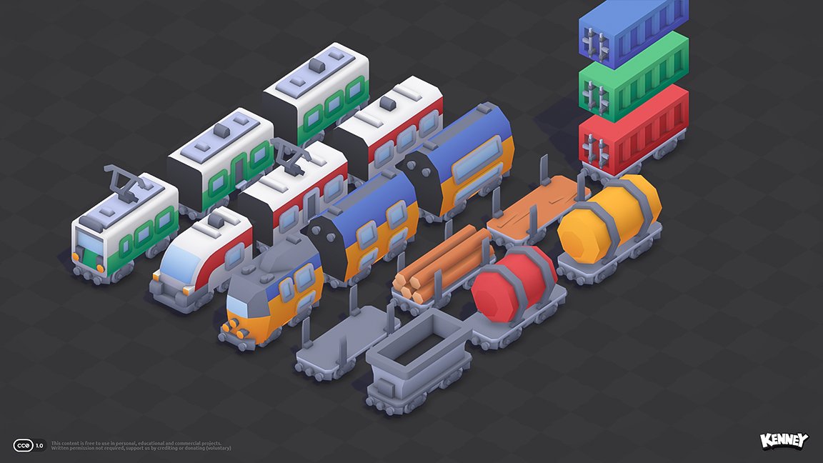 KenneyNL's tweet image. Quick preview of the upcoming Train Kit #gameassets, the first collaboration with interns @GuusVermeulen3 & @TonyDePonyNL! 🚂
The full collection will contain around 15 more train types and various carriages, all public domain (CC0)