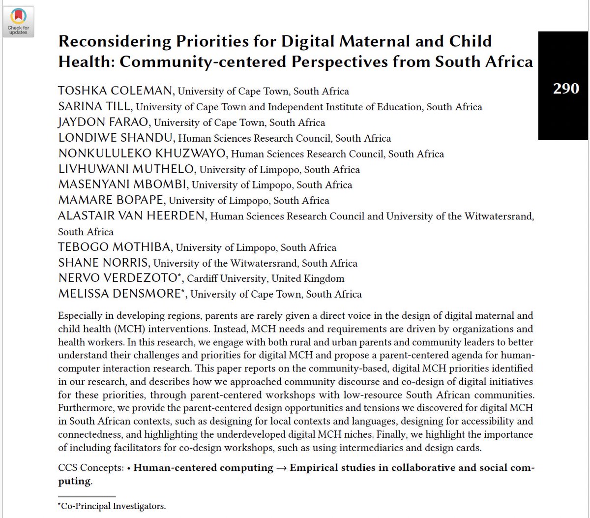 Nervo Xavier Verdezoto (@nervoxavier) on Twitter photo Our #CSCW2023 paper on "Reconsidering Priorities for Digital Maternal and Child Health: Community-centered Perspectives from South Africa", is finally online. Project funded by <a href="/UKRI_News/">UK Research and Innovation</a> <a href="/GCRF/">Global Challenges Research Fund (GCRF)</a> with <a href="/UCT_news/">UCT</a> <a href="/Cardiff_HCC/">Cardiff Human-Centred Computing Research Unit</a> <a href="/HSRCza/">HSRC.ac.za</a> <a href="/ULvarsity/">University of Limpopo</a> <a href="/WitsUniversity/">Wits University</a> dl.acm.org/doi/10.1145/36… Our #CSCW2023 paper on "Reconsidering Priorities for Digital Maternal and Child Health: Community-centered Perspectives from South Africa", is finally online. Project funded by <a href="/UKRI_News/">UK Research and Innovation</a> <a href="/GCRF/">Global Challenges Research Fund (GCRF)</a> with <a href="/UCT_news/">UCT</a> <a href="/Cardiff_HCC/">Cardiff Human-Centred Computing Research Unit</a> <a href="/HSRCza/">HSRC.ac.za</a> <a href="/ULvarsity/">University of Limpopo</a> <a href="/WitsUniversity/">Wits University</a> dl.acm.org/doi/10.1145/36…