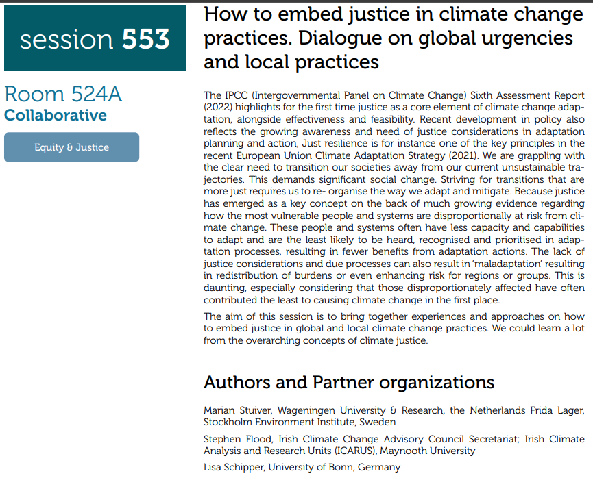 DocFloodS's tweet photo. Looking forward to our session on embedding justice in climate change practices at 8:30am Fri Oct 6th. Would be great if you can join for a highly interactive session continuing momentum on the climate justice theme at #AF2023 #AdaptFutures2023 #AdaptFutures https://t.co/r5qRqTagr7