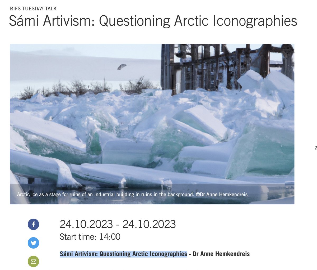 We need a critical enquiry of sublime aesthetics in environmental art! Let us talk during my presentation "Sámi Artivism: Questioning Arctic Iconographies" <a href="/RIFS_Potsdam/">Research Institute for Sustainability (RIFS)</a>: 
rifs-potsdam.de/en/events/sami…

#indigenousart #samiart #samiactivism #icehumanities #environmentalhumanities