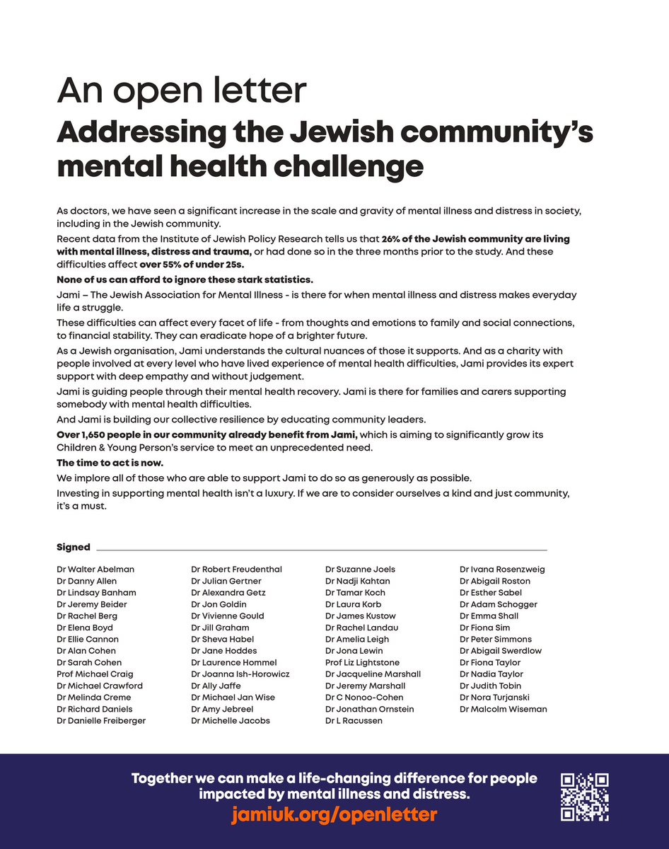 Last week we shared an open letter from over 50 psychiatrists and other doctors, urging the Jewish community to get behind Jami during a period of unprecedented need. Here’s the letter in full.   Read more jamiuk.org/openletter and show your support by sharing. 🙏