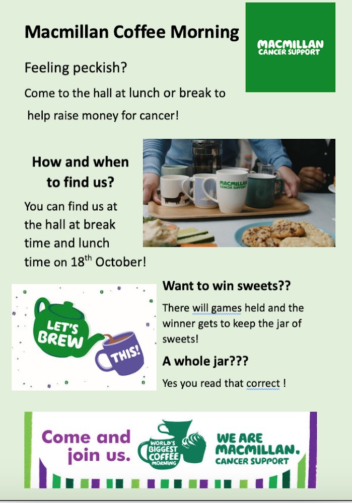 Smithdon_High's tweet photo. 'Our YEAR 10 &amp; 11 ASDAN classes are fundraising for Macmillan Coffee Morning on Wednesday 18th October. See posters around school for more information #letsbrewthis' https://t.co/sLsHe63Fuo