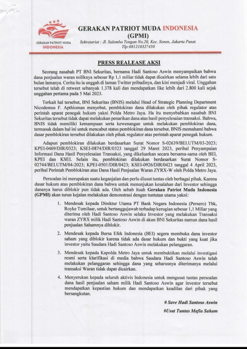 Hari ini saya menerima surat yang dikirim BNI kepada saya .. saya ingin klarifikasi bahwa sebelumnya saya ucapkan terima kasih atas support GPMI atas kasus saya, namun kasus tsb sudah selesai 19 mei 2023 lalu. Semoga aksi ini tidak perlu dilanjutkan. Terima kasih #BNI #PGMI #BEI
