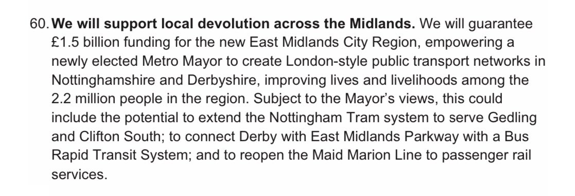 Here’s the section of Tory Network North I mentioned yesterday: as others have noticed, Derby is already linked to East Midlands Parkway by train - it’s a 14 minute journey, the tram line to Clifton South opened in 2015 and this is how you spell (Maid) Marian. #BackOfAFagPacket