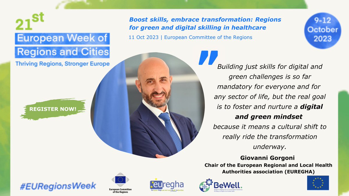 The countdown for our #EURegionsWeek session has started!😍 Join @EUREGHA Chair @giovannigorgoni on 11/10 to discuss how to foster #skills & the right #mindset in the #healthsector to embrace the #digital & #green transition.👩‍⚕️ Take a look at our agenda🧐regions-and-cities.europa.eu/programme/2023…